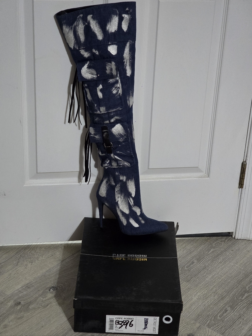 Cape Robbin Navy Blue and White Over-the-Knee Stiletto Boots